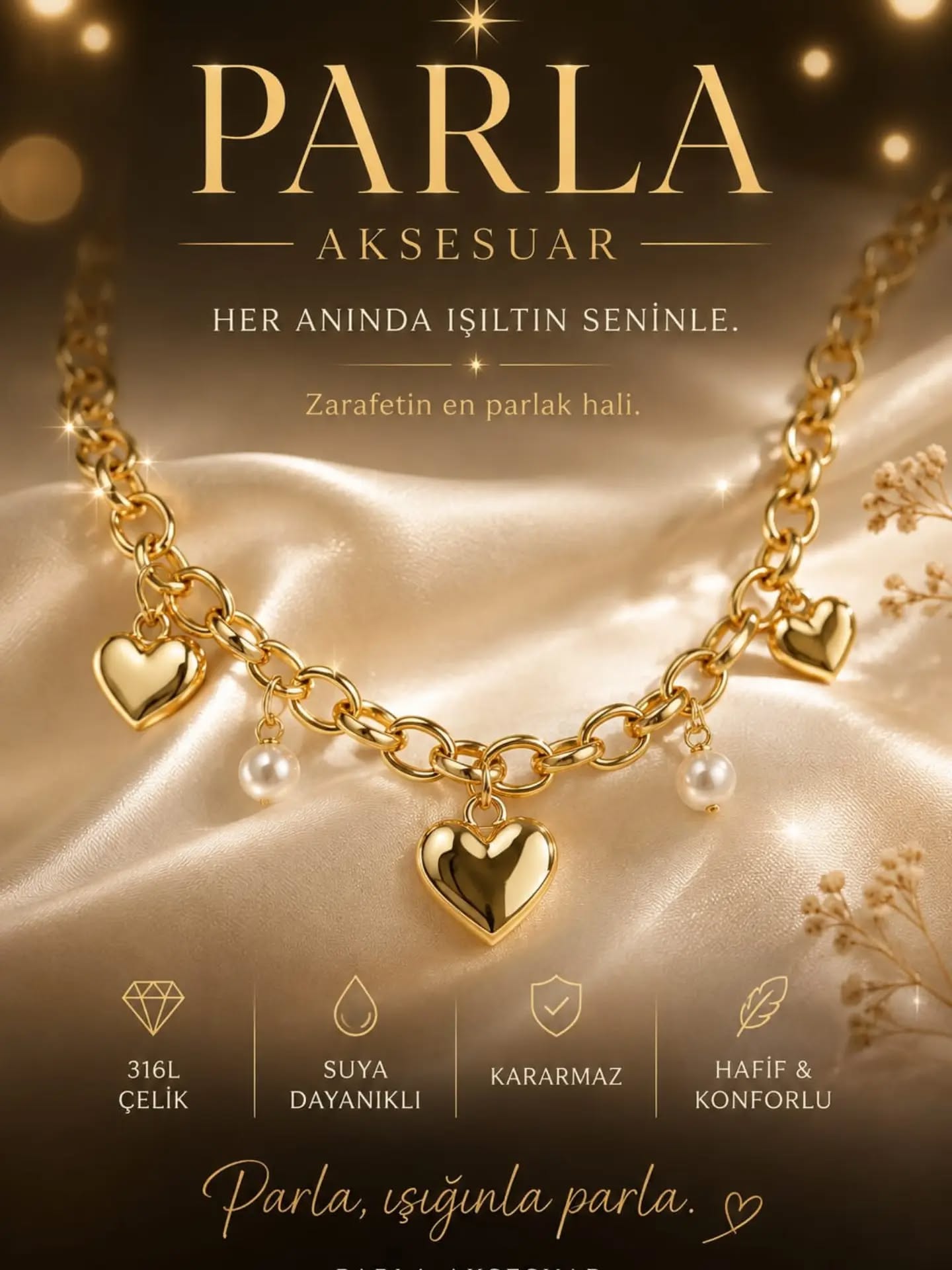 Kalp Charmlı İnci Zincir Kolye