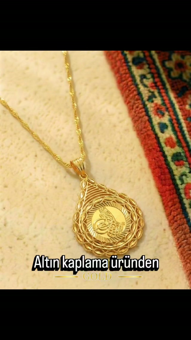 Altın Rengi Tuğralı Damla Kolye
